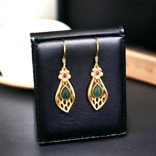 Hollow Leaf Floral Chrysoprase Earrings