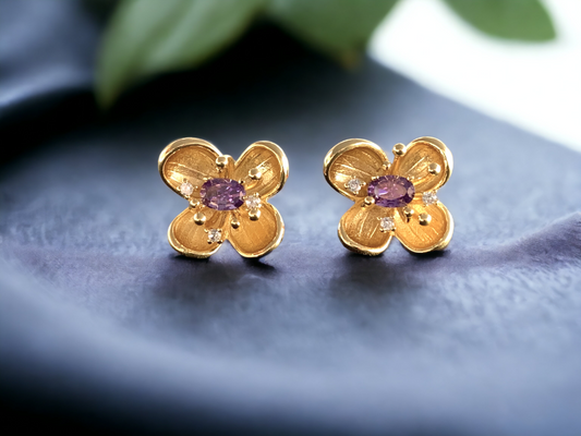 Amethyst Purple CZ Floral Earrings
