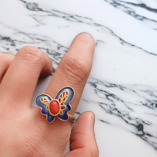 Vintage Style Cloisonne Blue Butterfly Ring