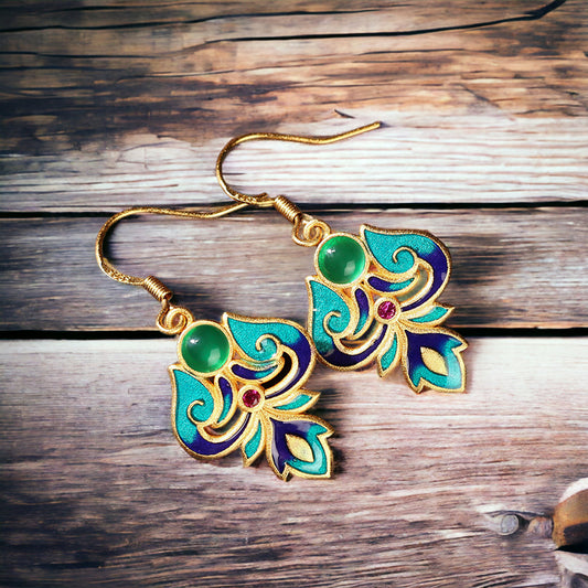 Enamel Chrysoprase Green Floral Earrings