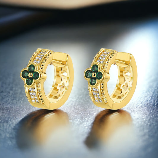 Lucky Clover Emerald Green CZ Huggie Hoop Earrings