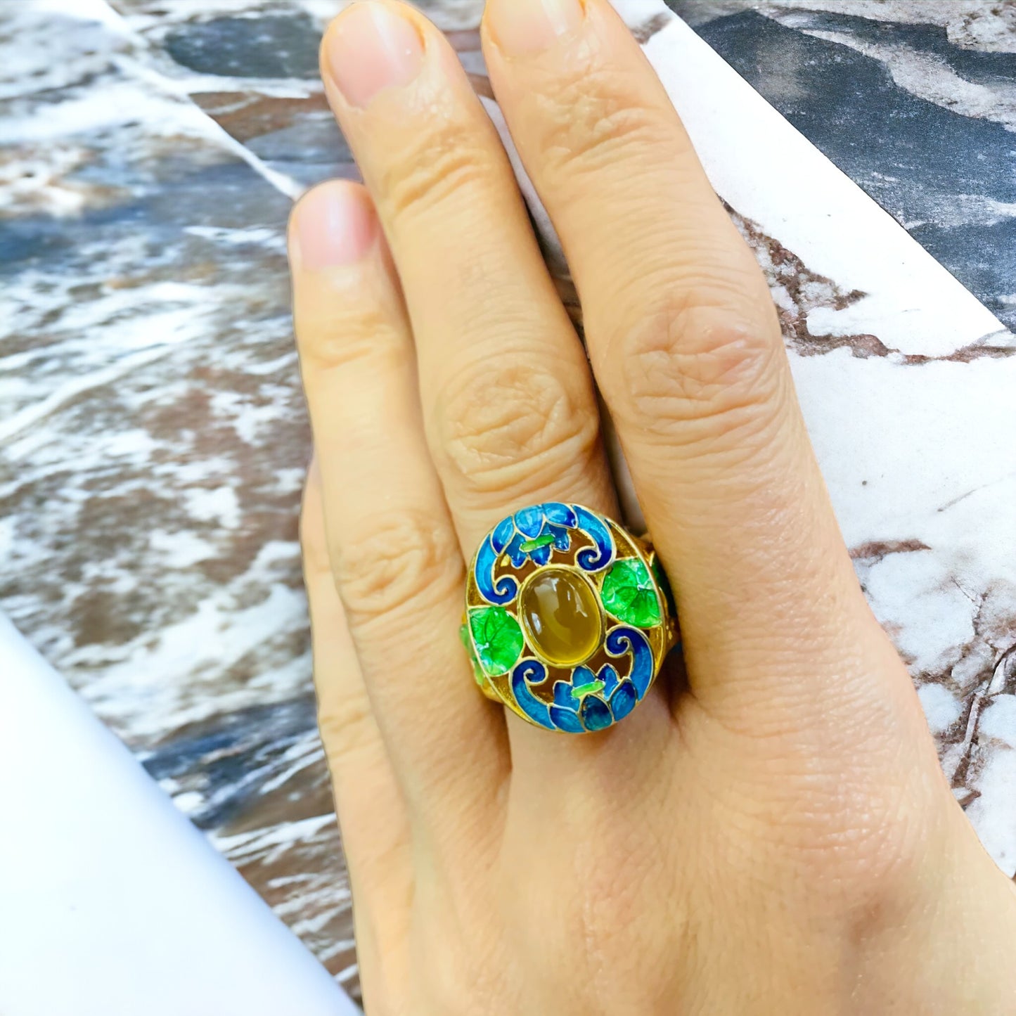 Vintage Style Cloisonne Yellow Agate Statement Ring
