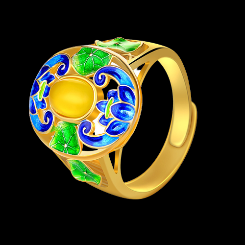 Vintage Style Cloisonne Yellow Agate Statement Ring