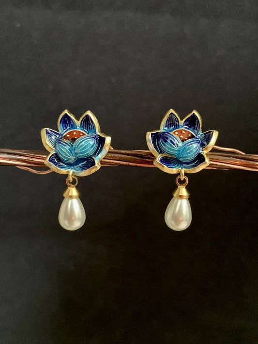 Lotus Flower Cloisonne Pearl Earrings