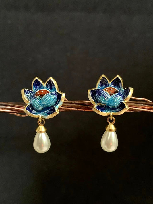 Lotus Flower Cloisonne Pearl Earrings