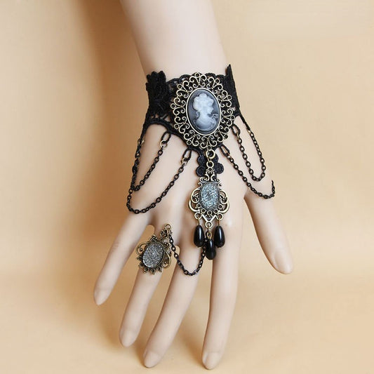 Gothic Black Lace Victorian Hand Chain Bracelet