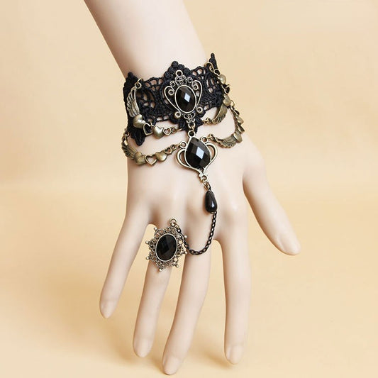 Gothic Black Lace Finger Ring Bracelet