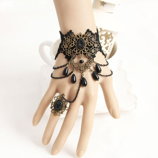 Gothic Black Lace Finger Ring Bracelet