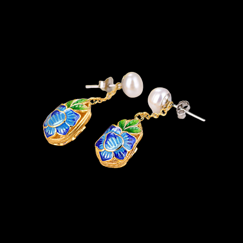 Hollow Out Cloisonne Enamel Pearl Earrings