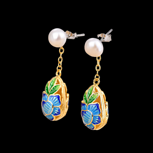 Hollow Out Cloisonne Enamel Pearl Earrings