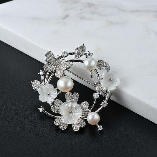 Genuine Freshwater Pearl Zircon Butterfly Cowrie Shell Floral Brooch