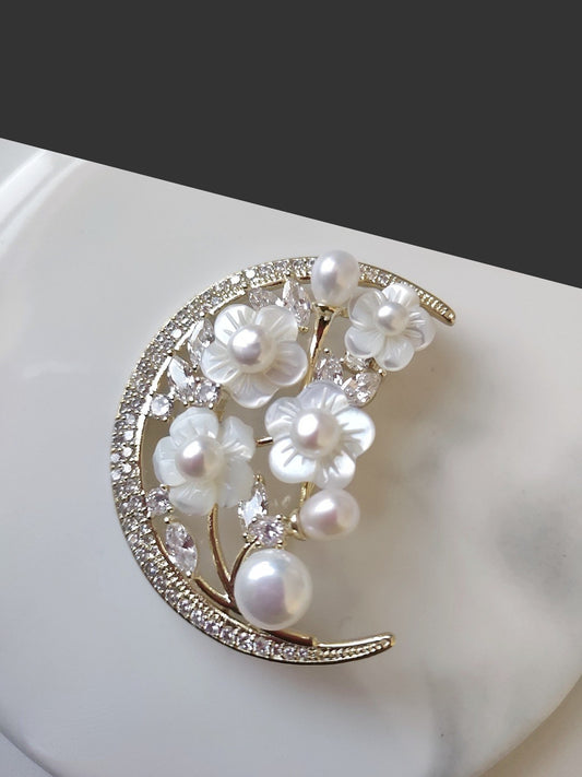 Crescent Moon Cowrie Shell Floral Brooch