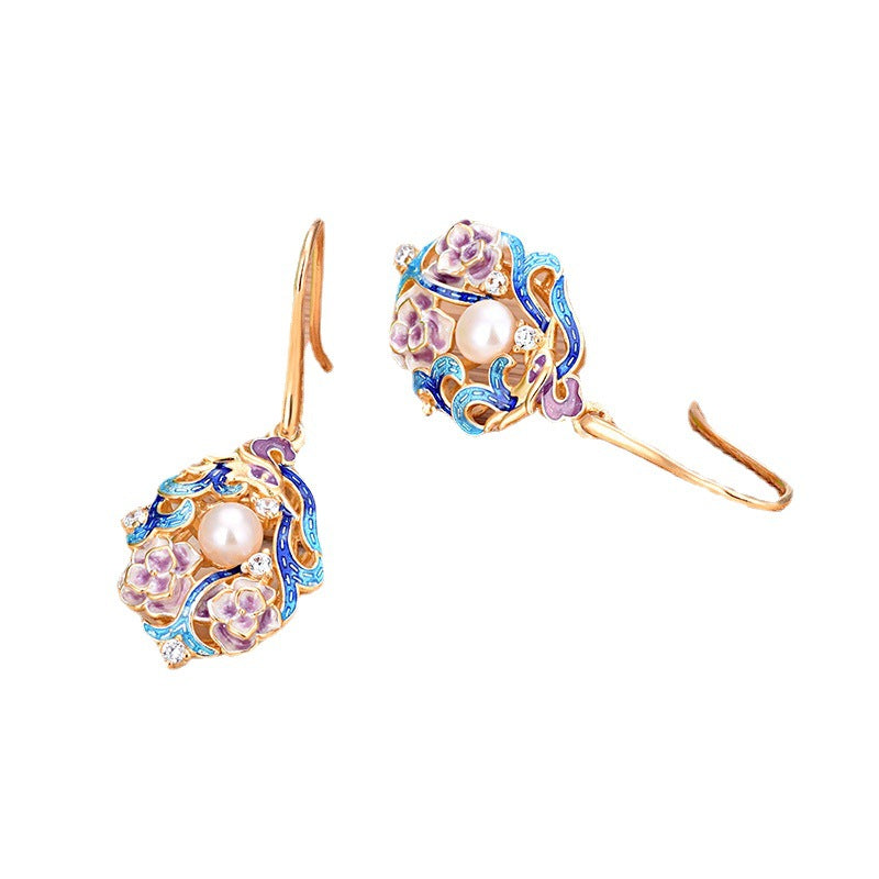 Cloisonne Floral Pearl Earrings