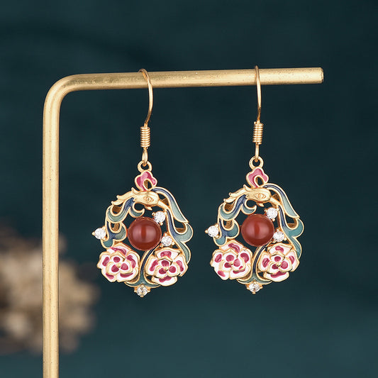 Natural Carnelian Cloisonne Phoenix Earrings