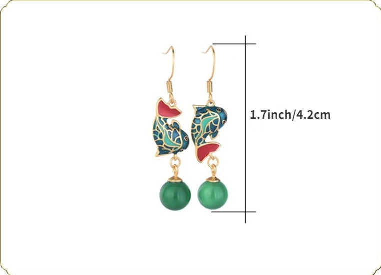 Mismatched Cloisonne Fish Chrysoprase Earrings