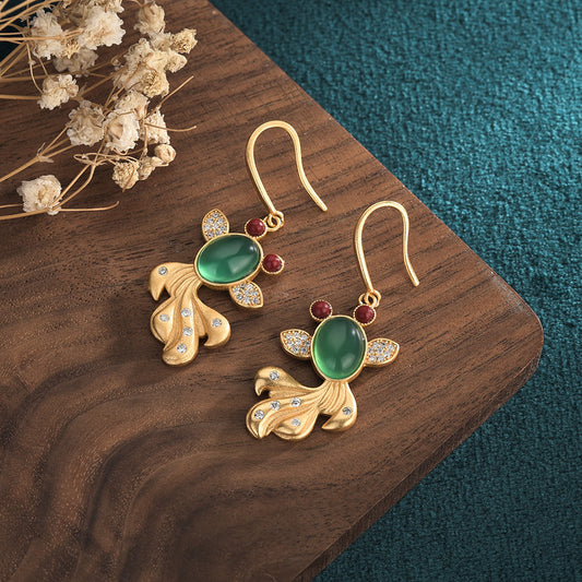 Vintage Style Chrysoprase Goldfish Earrings