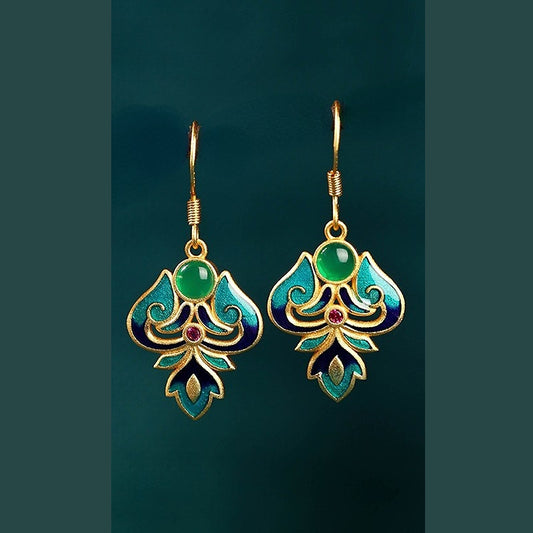 Enamel Chrysoprase Green Floral Earrings