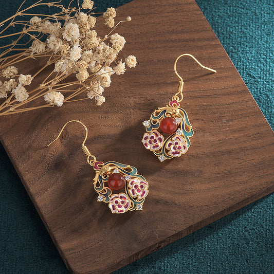 Natural Carnelian Cloisonne Phoenix Earrings