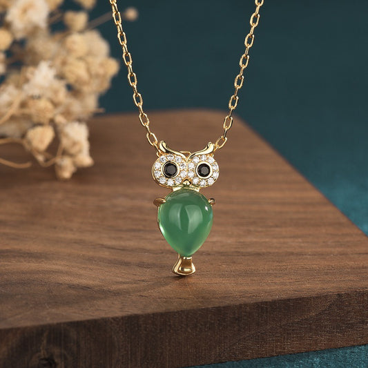 Chrysoprase Owl Agate Rhinestone Necklace