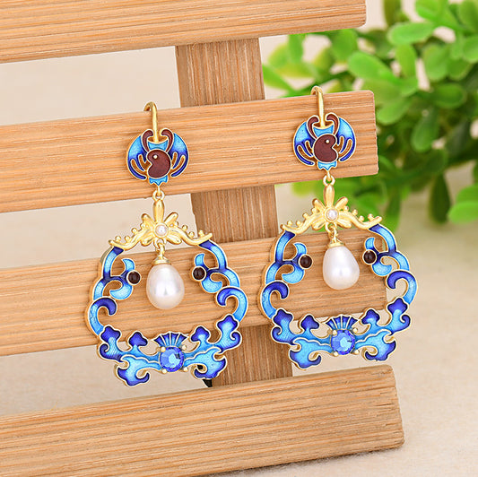 Vintage Style Butterfly Cloisonne Earrings with Pearls