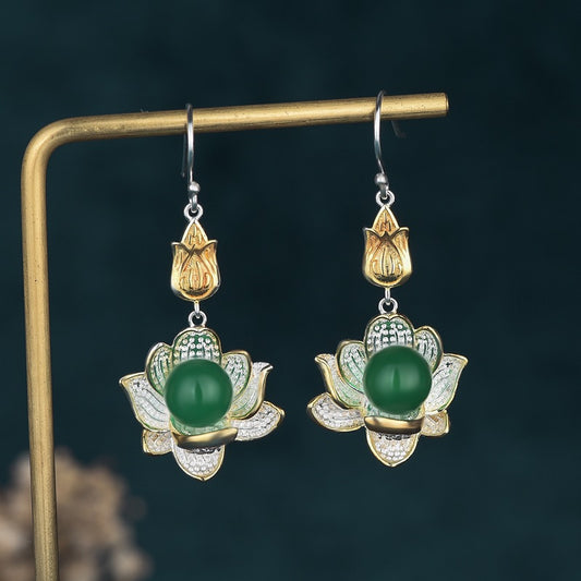 Lotus Flower Chrysoprase Drop Floral Earrings