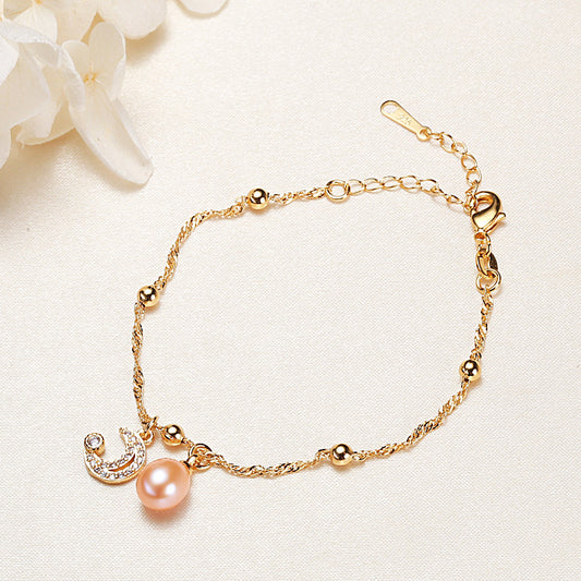 Genuine Freshwater Pearl Bracelet with Crescent Moon Charm