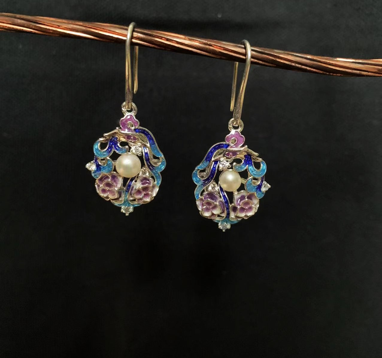 Cloisonne Floral Pearl Earrings